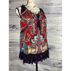 Bila Sleeveless Embroidered Ruffle Boho Shirt Womens Size S Red Rayon Tie Neck